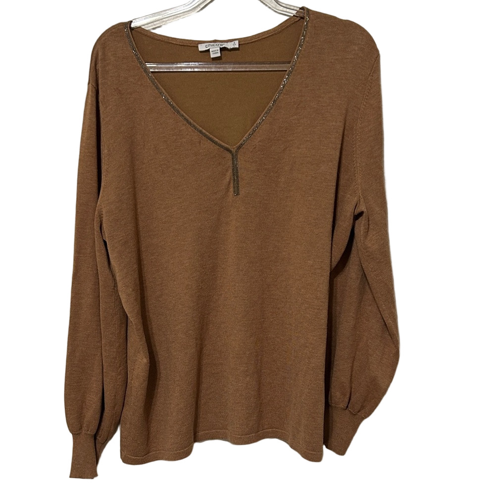 🎮 Chico’s Brown /tan V-Neck Sweater size 2 /us L GUC